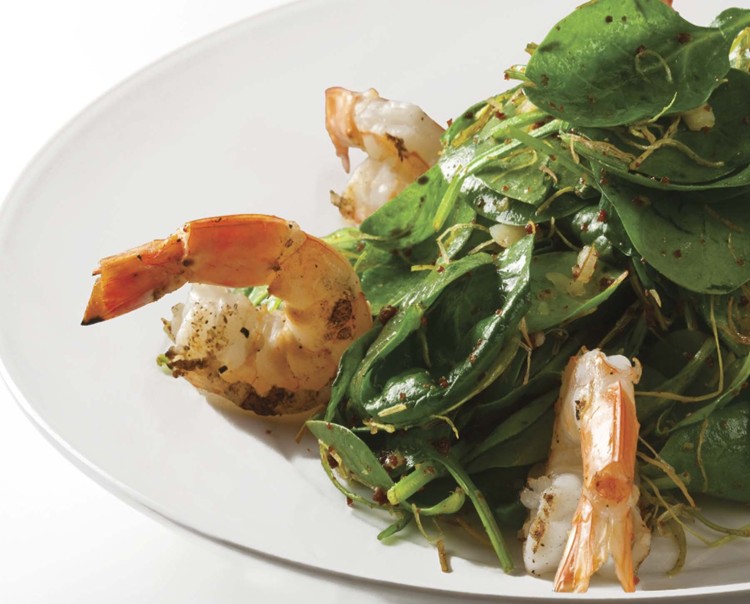 78-سالاد اسفناج کوچک با میسوی خشک و میگوی کبابی