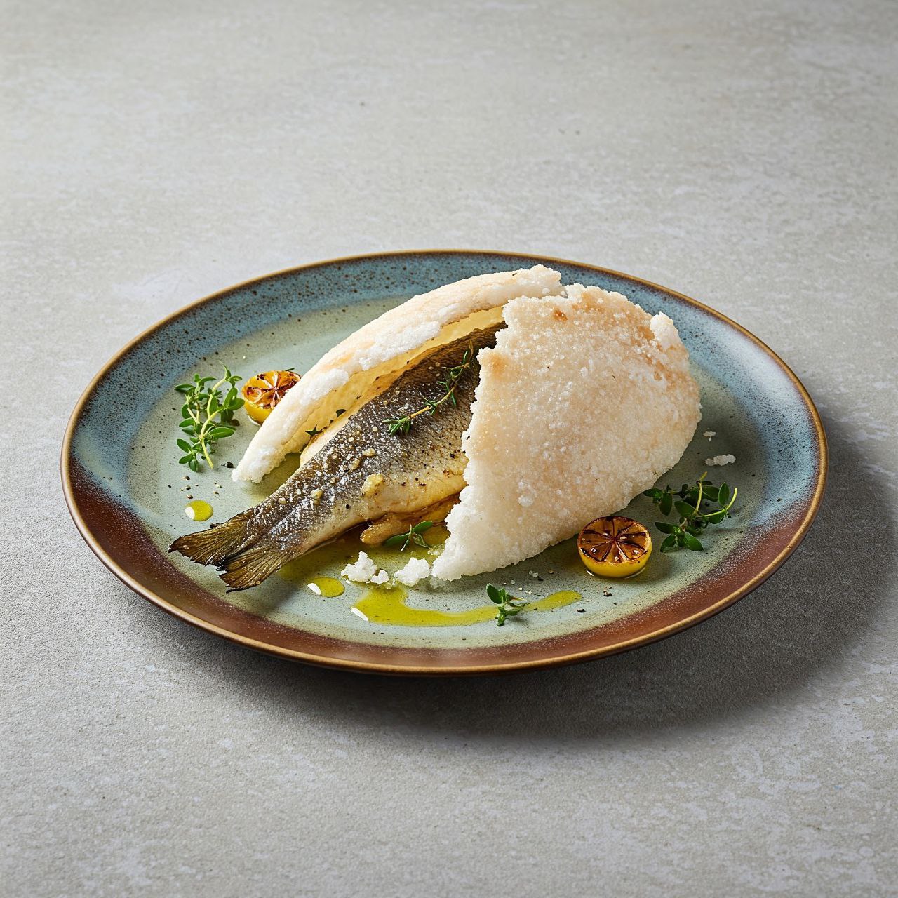 58-فیلِه‌ ماهی سی‌بَس در پوسته‌ی نمکی  Sea Bass in a Salt Crust