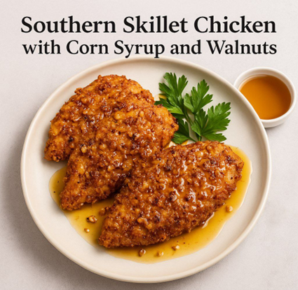 17-مرغ تابه‌ای با ذرت و گردو  (Southern Skillet Chicken with Corn Syrup and Walnuts)