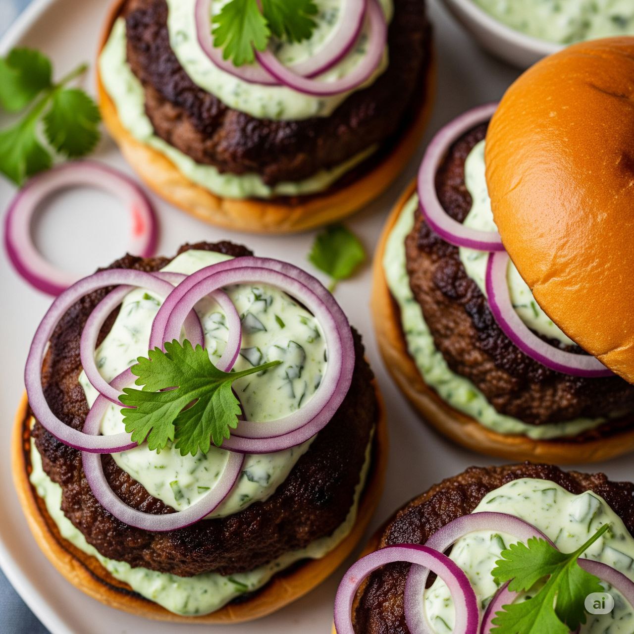 برگر بره با سس سبز رایتا و پیاز قرمز  Lamb Burgers with Green Raita Sauce and Red Onions